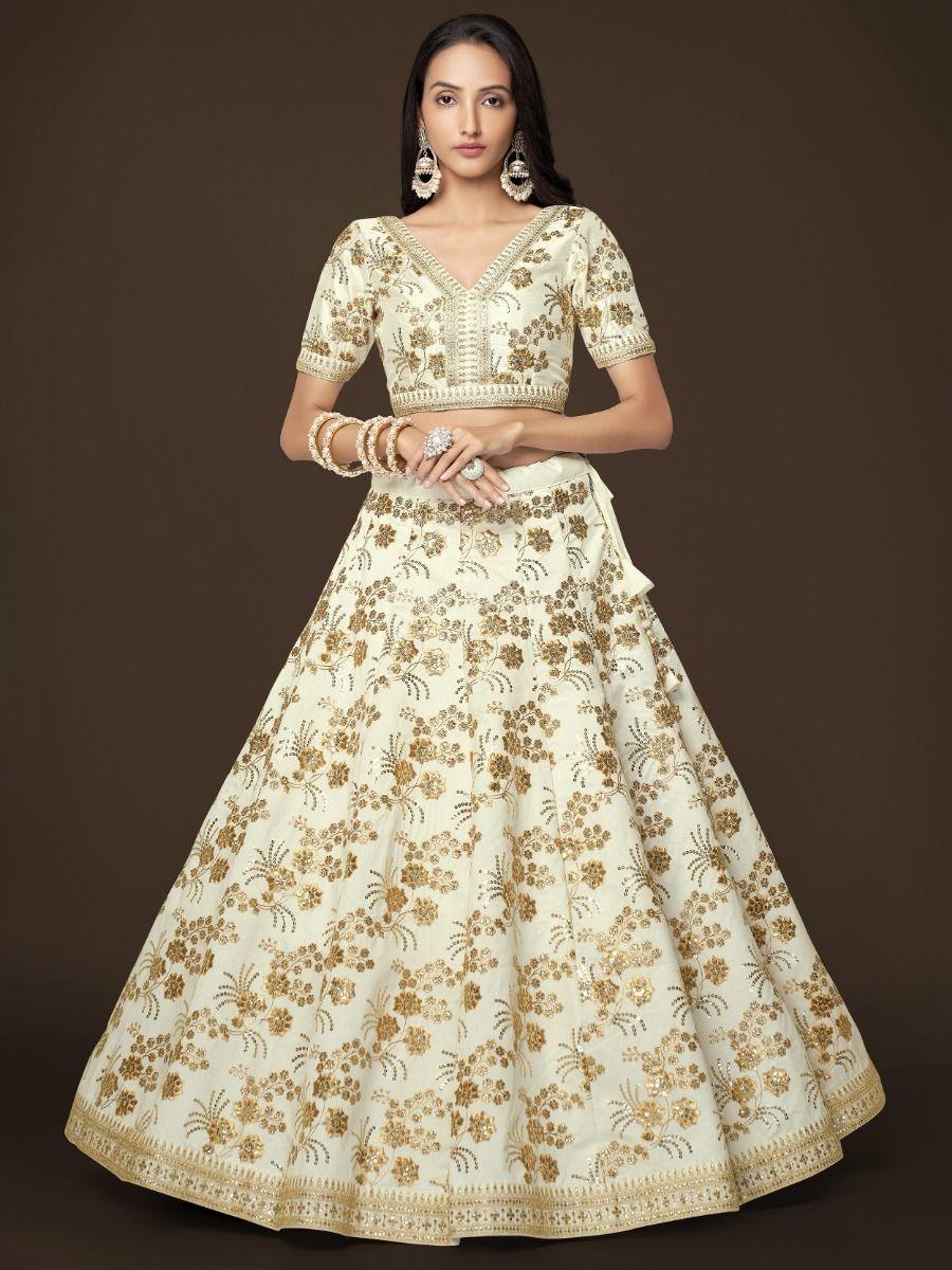 White Sequins Slub Silk Engagement Wear Lehenga Choli