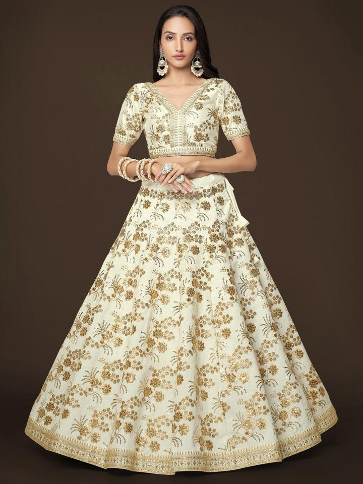 White Sequins Slub Silk Engagement Wear Lehenga Choli