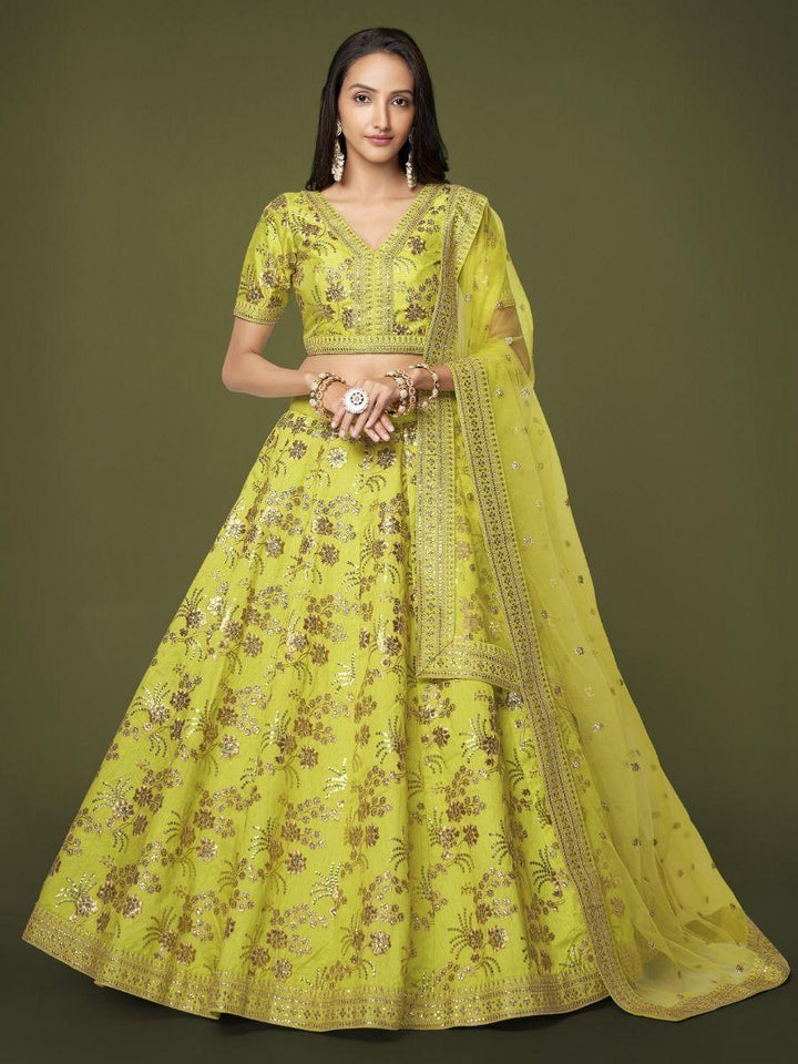 Neon Green Sequins Silk Sangit Wear Lehenga Choli