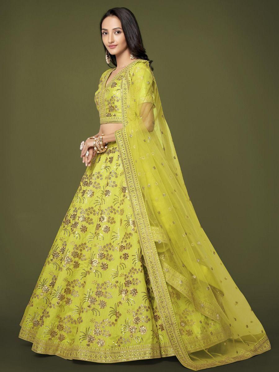 Neon Green Sequins Silk Sangit Wear Lehenga Choli