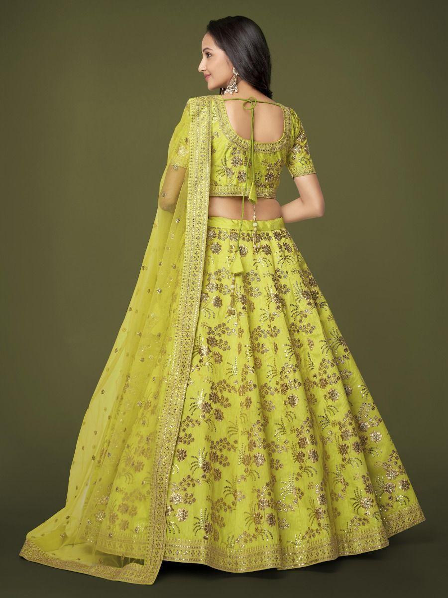Neon Green Sequins Silk Sangit Wear Lehenga Choli