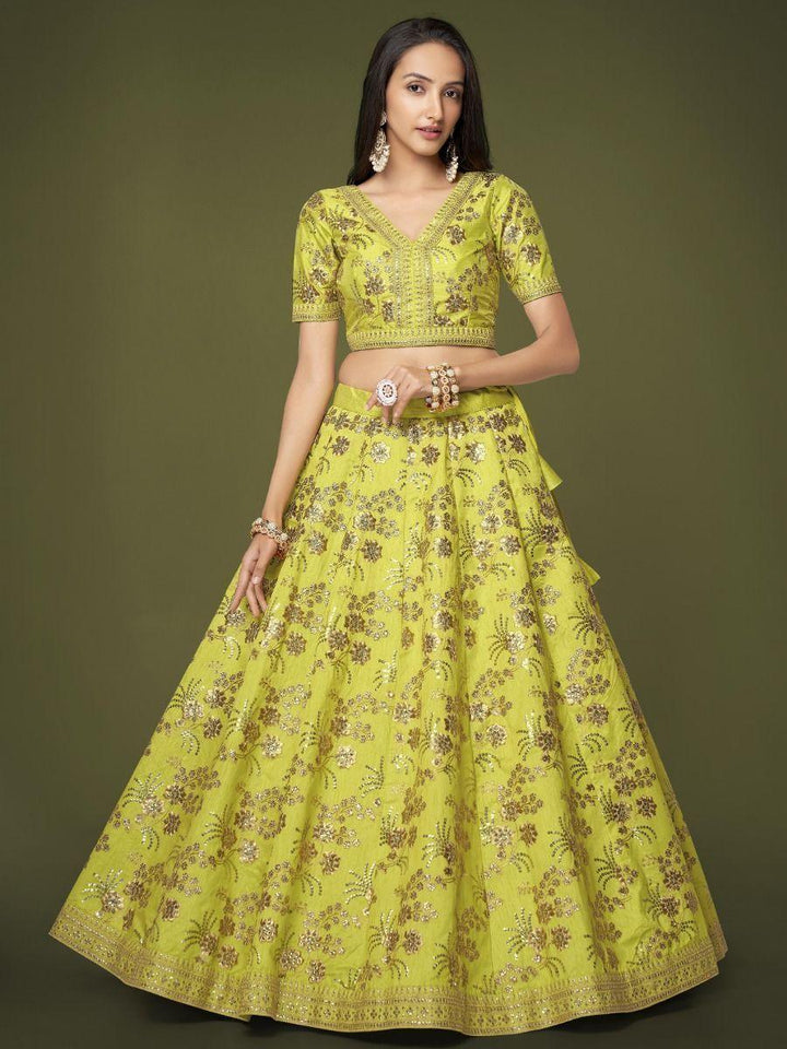 Neon Green Sequins Silk Sangit Wear Lehenga Choli