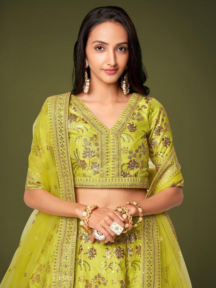 Neon Green Sequins Silk Sangit Wear Lehenga Choli