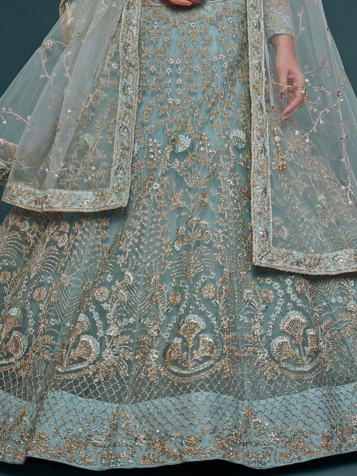 Fetching Aqua Blue Embroidered Soft Net Lehenga Choli With Dupatta