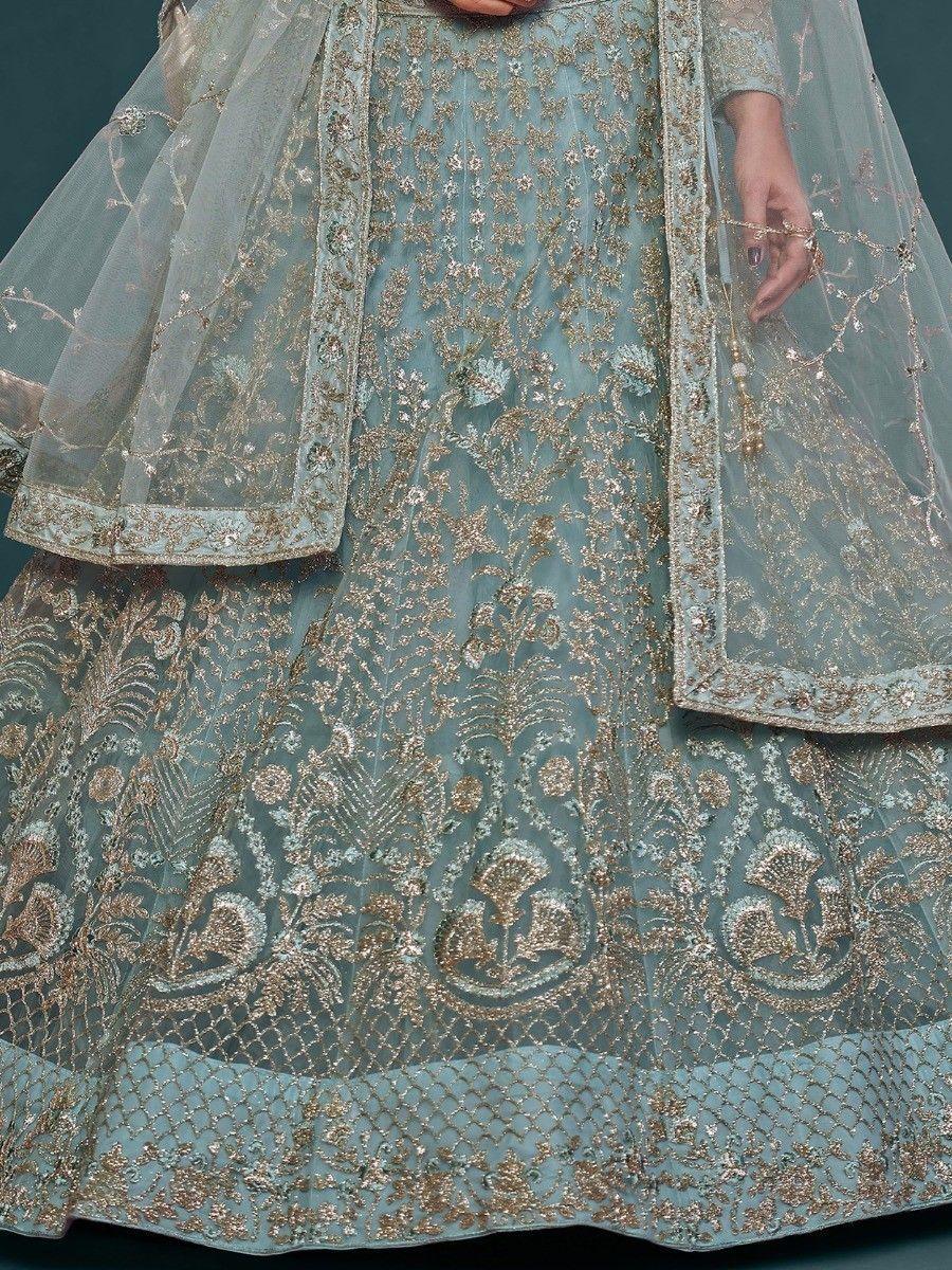 Aqua Blue Embroidered Soft Net Lehenga Choli With Dupatta