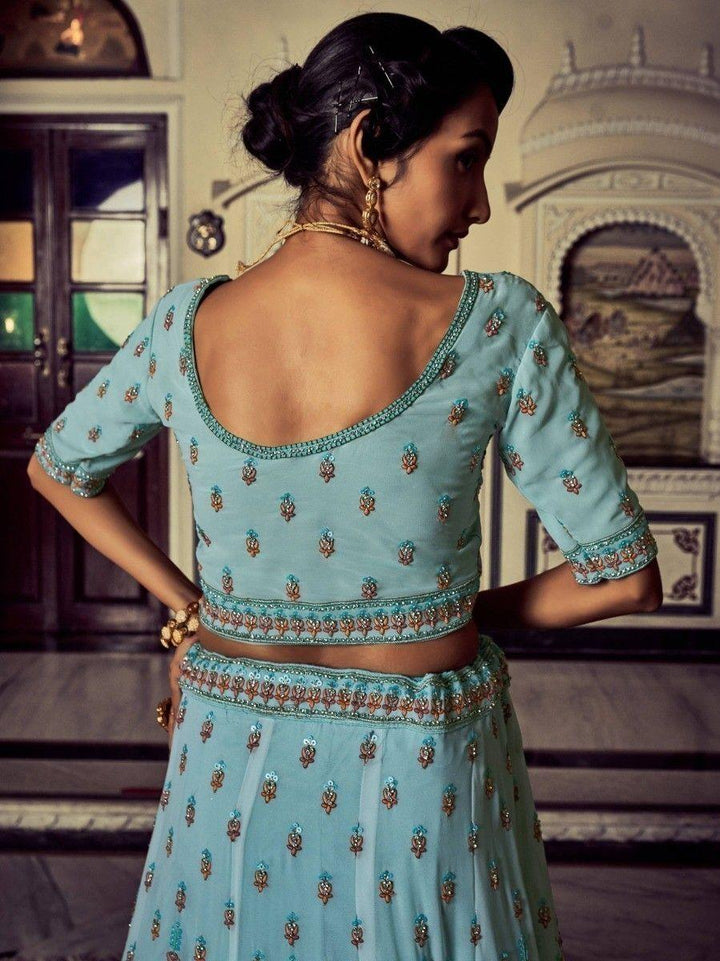 Alluring Turquoise Embroidered Georgette Wedding Lehenga Choli