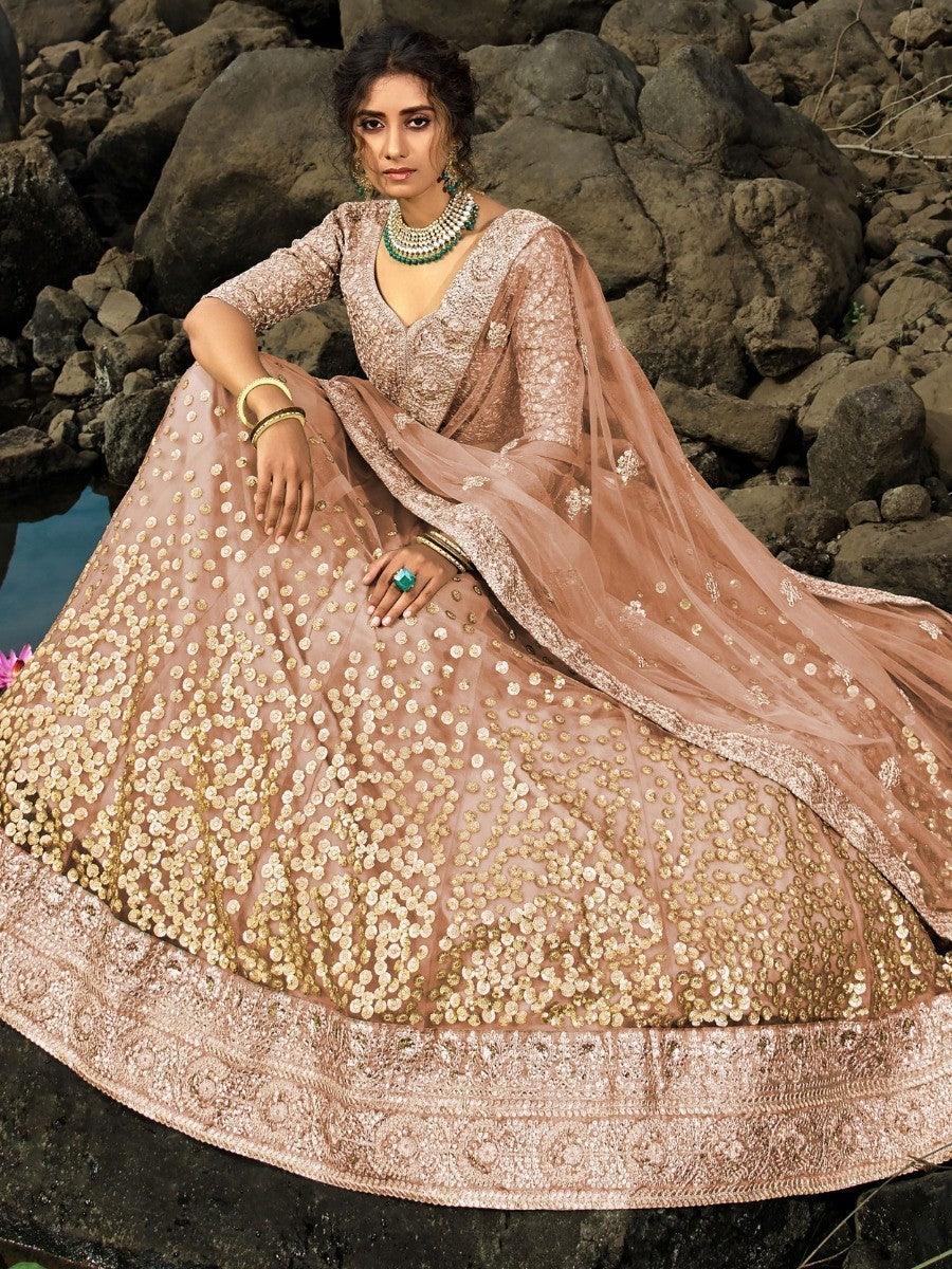 Brown Zari Worked Net Engagement Wear Lehenga Choli