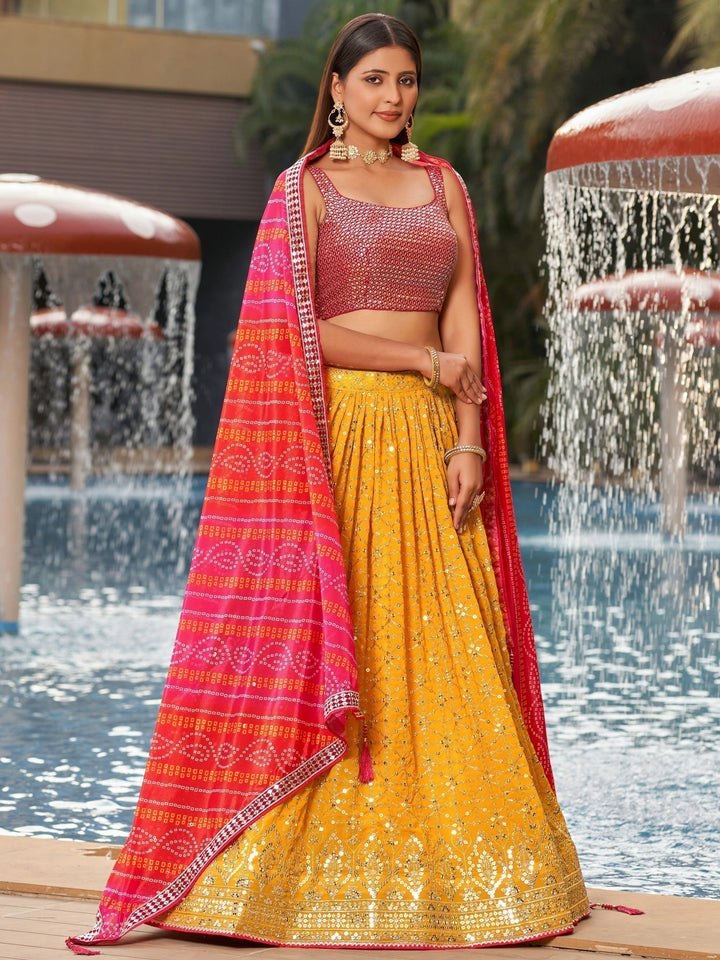 Yellow Sequins Georgette Sangeet Wear Lehenga Choli