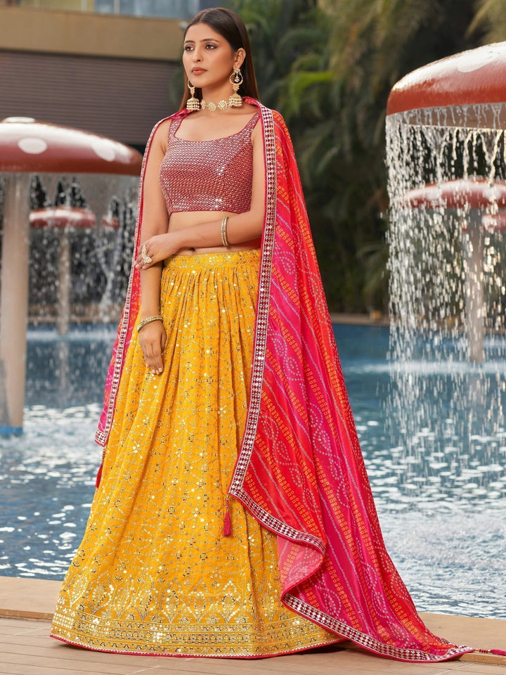 Yellow Sequins Georgette Sangeet Wear Lehenga Choli