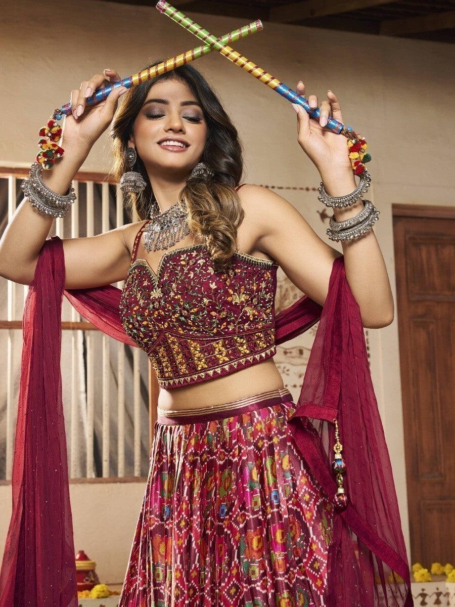 Multi-Color Patola Print Silk Lehenga With Embroidered Choli