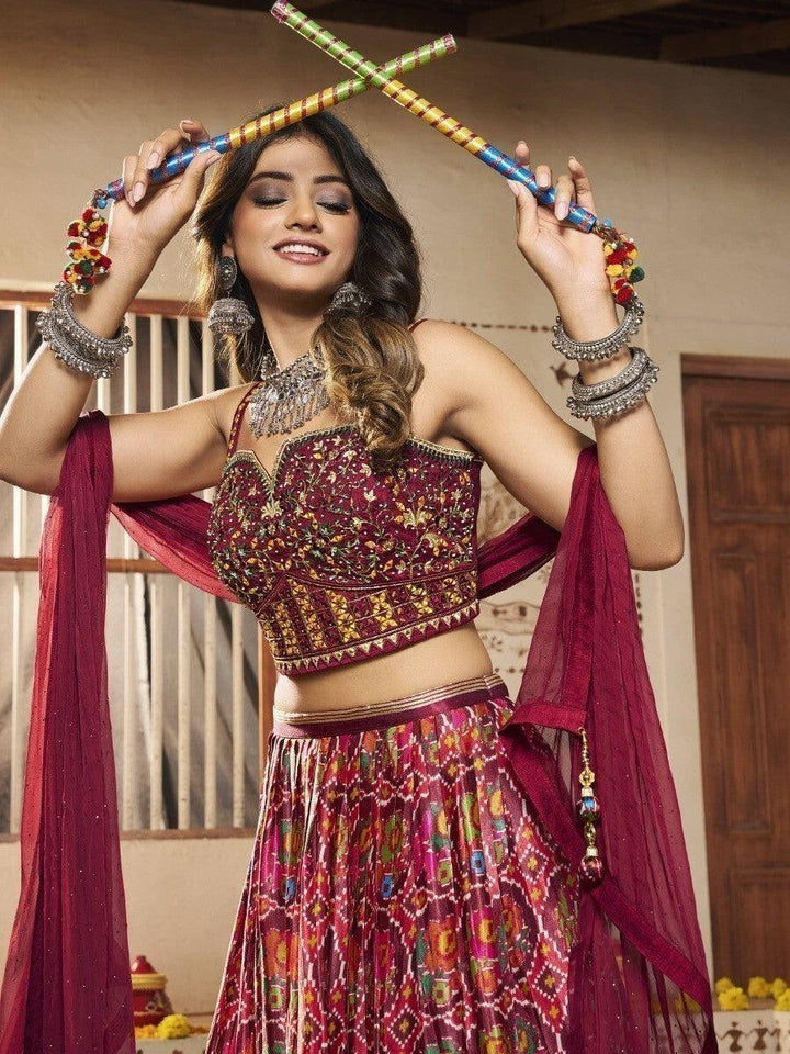 Multi-Color Patola Print Silk Lehenga With Embroidered Choli