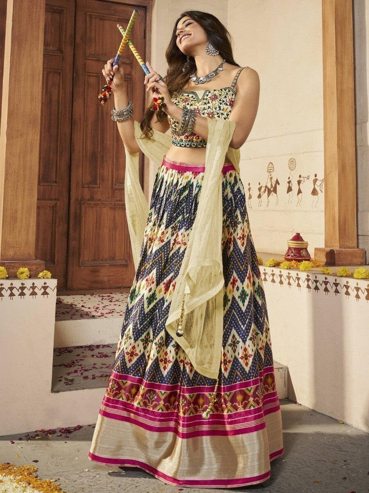 Attractive Navy Blue Patola Print Silk Wedding Wear Lehenga Choli
