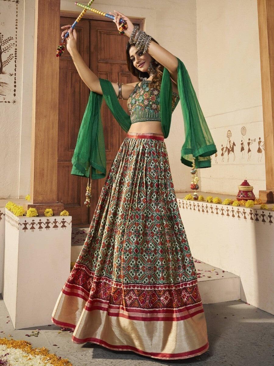Green Patola Silk Sangeet Wear Lehenga With Embroidered Choli