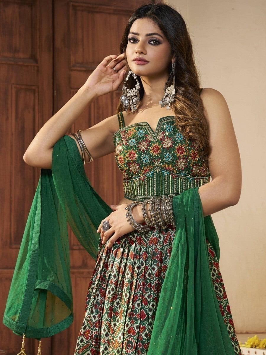 Green Patola Silk Sangeet Wear Lehenga With Embroidered Choli