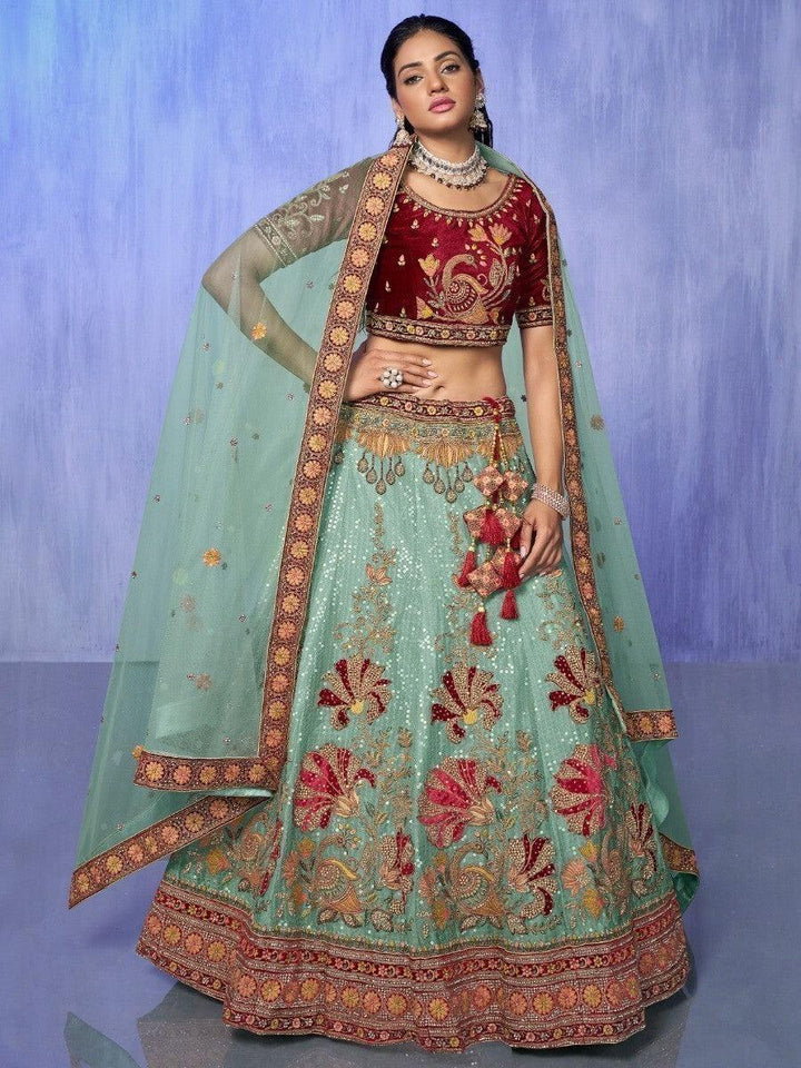 Turquoise Embroidered Velvet Lehenga Choli With Dupatta