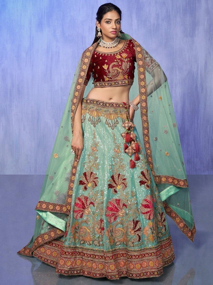 Turquoise Embroidered Velvet Lehenga Choli With Dupatta