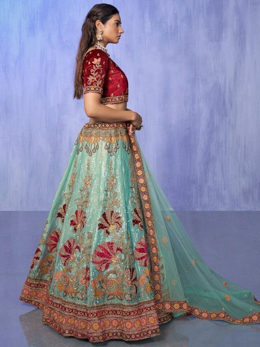 Enticing Turquoise Embroidered Velvet Lehenga Choli With Dupatta