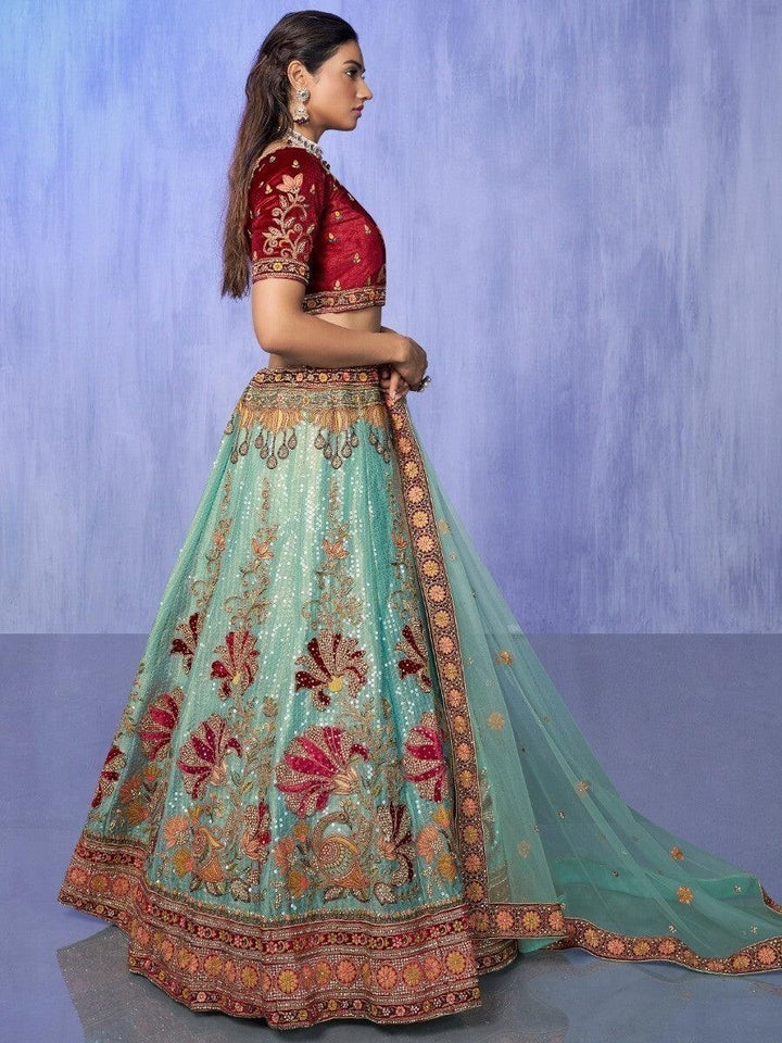 Enticing Turquoise Embroidered Velvet Lehenga Choli With Dupatta