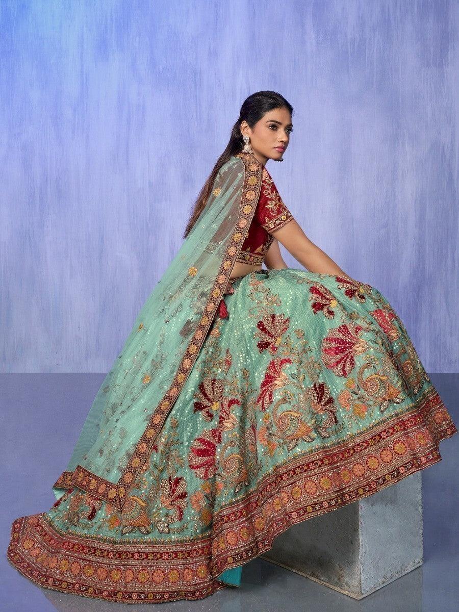 Turquoise Embroidered Velvet Lehenga Choli With Dupatta