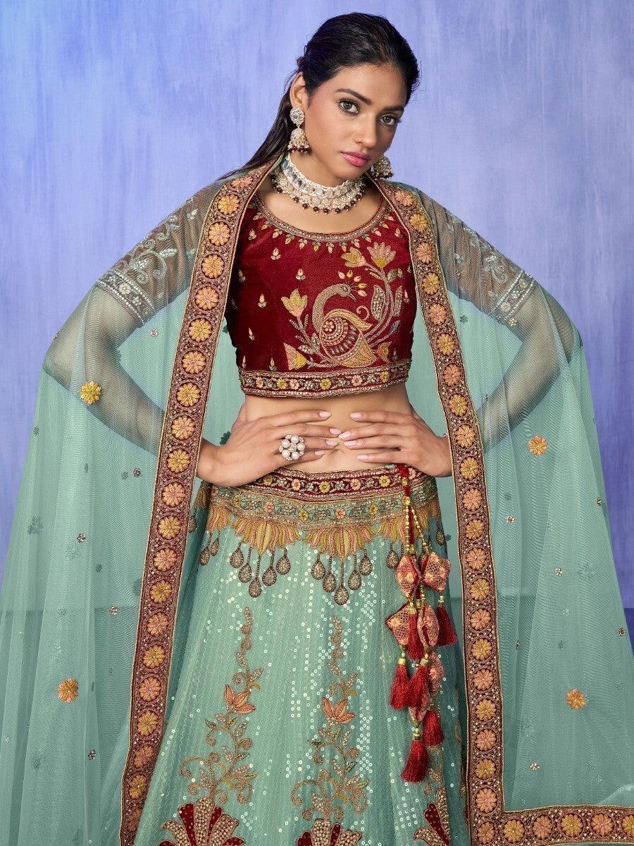 Turquoise Embroidered Velvet Lehenga Choli With Dupatta