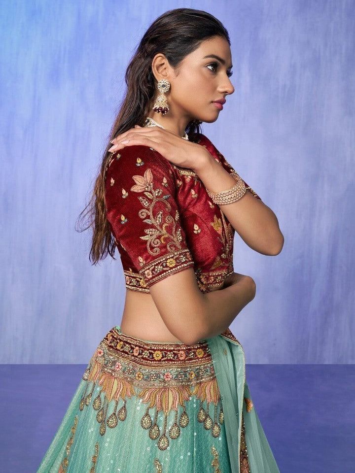 Turquoise Embroidered Velvet Lehenga Choli With Dupatta
