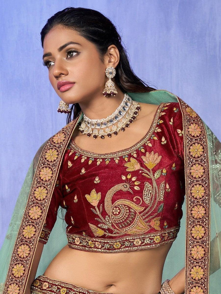 Turquoise Embroidered Velvet Lehenga Choli With Dupatta