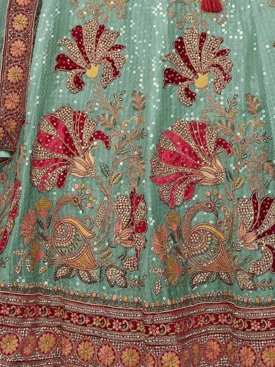 Turquoise Embroidered Velvet Lehenga Choli With Dupatta