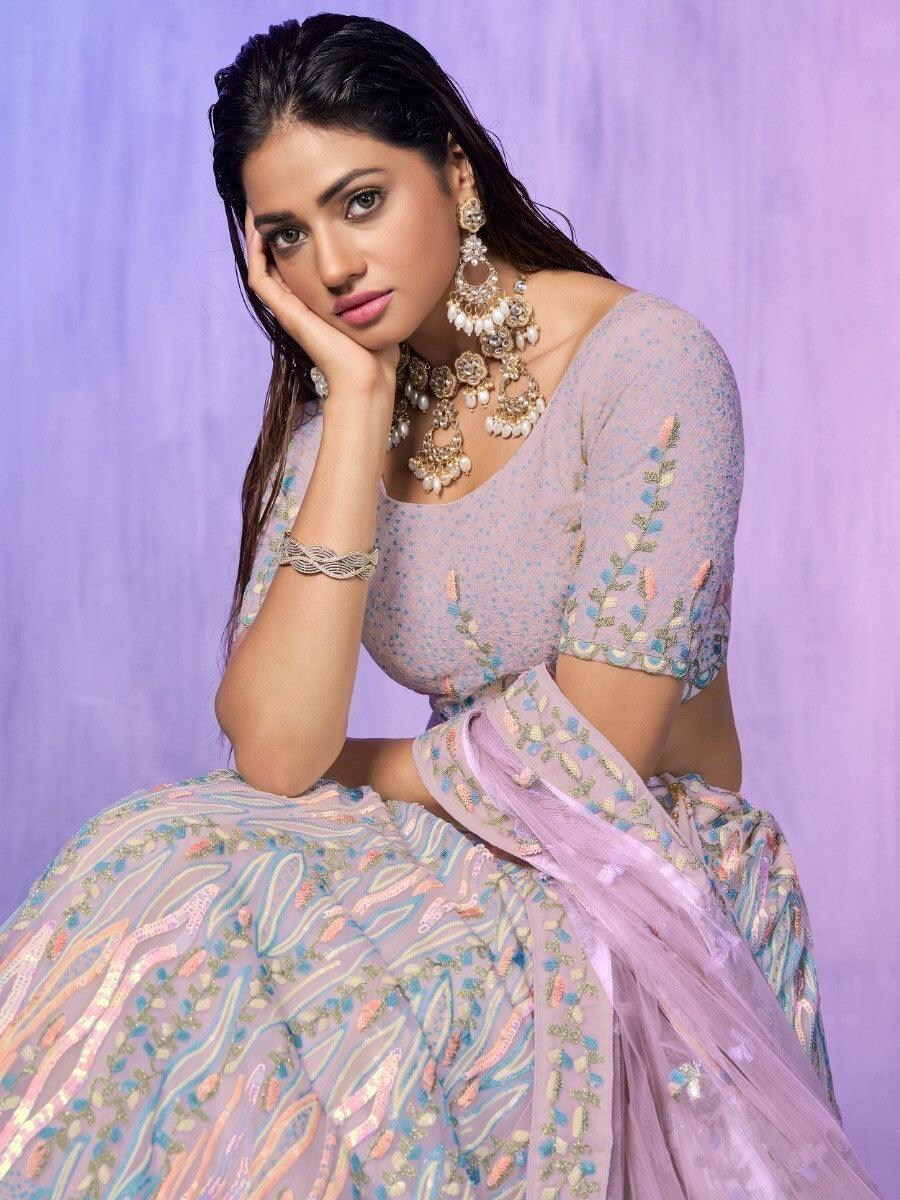 Lavender Sequins Organza Lehenga Choli With Dupatta