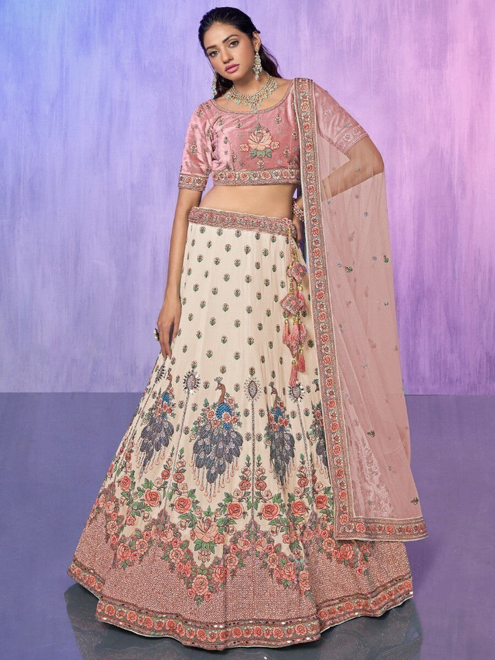 Off-White Embroidered Georgette Lehenga Choli With Dupatta