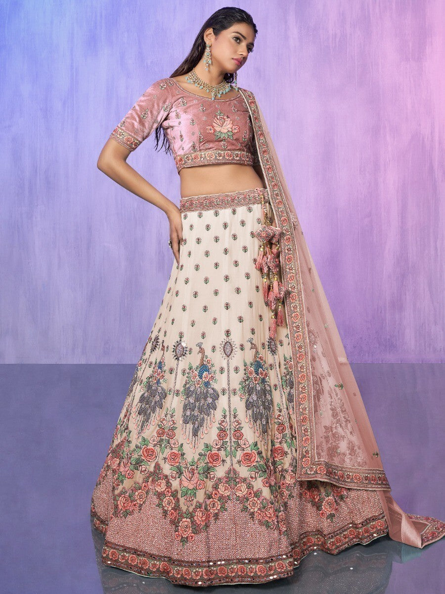 Off-White Embroidered Georgette Lehenga Choli With Dupatta
