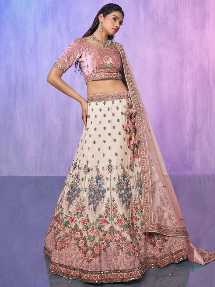 Off-White Embroidered Georgette Lehenga Choli With Dupatta