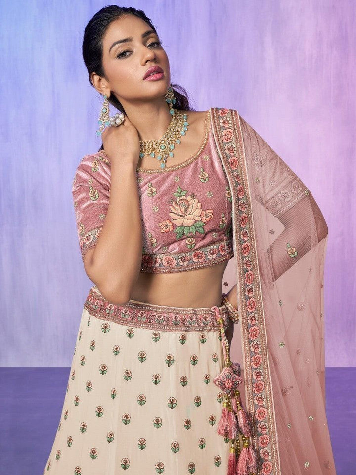 Off-White Embroidered Georgette Lehenga Choli With Dupatta