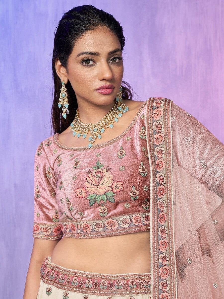 Off-White Embroidered Georgette Lehenga Choli With Dupatta