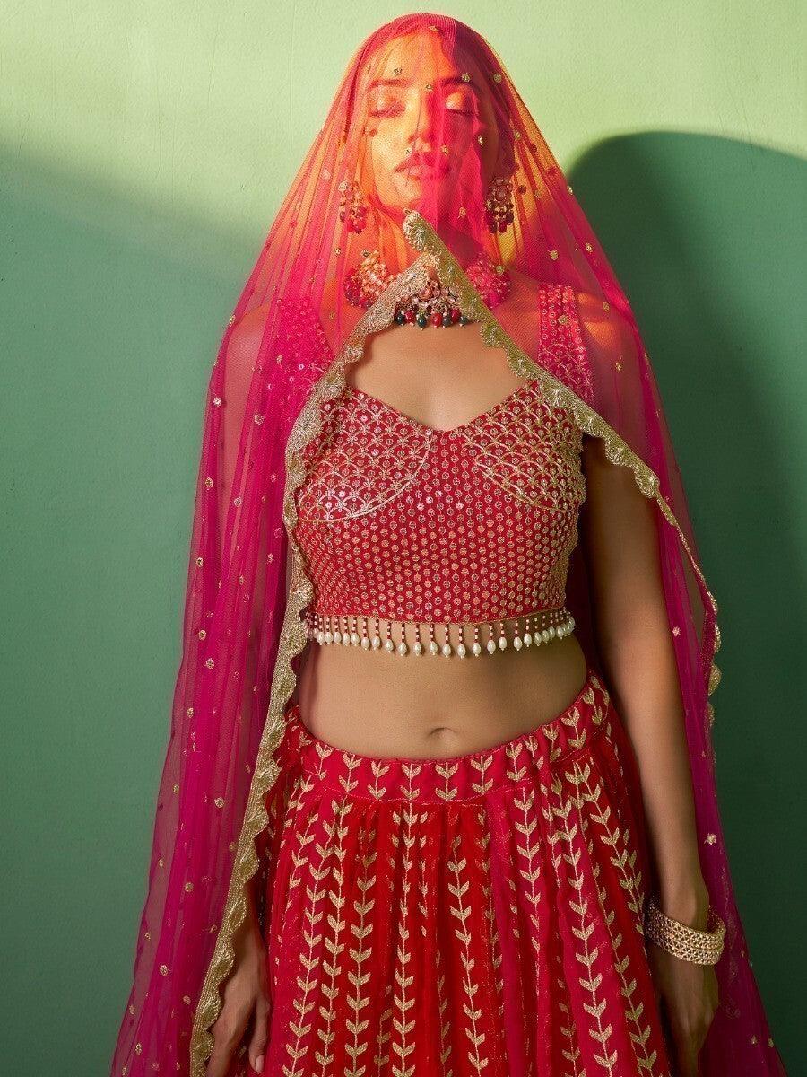 Red Sequins Georgette Wedding Wear Lehenga Choli