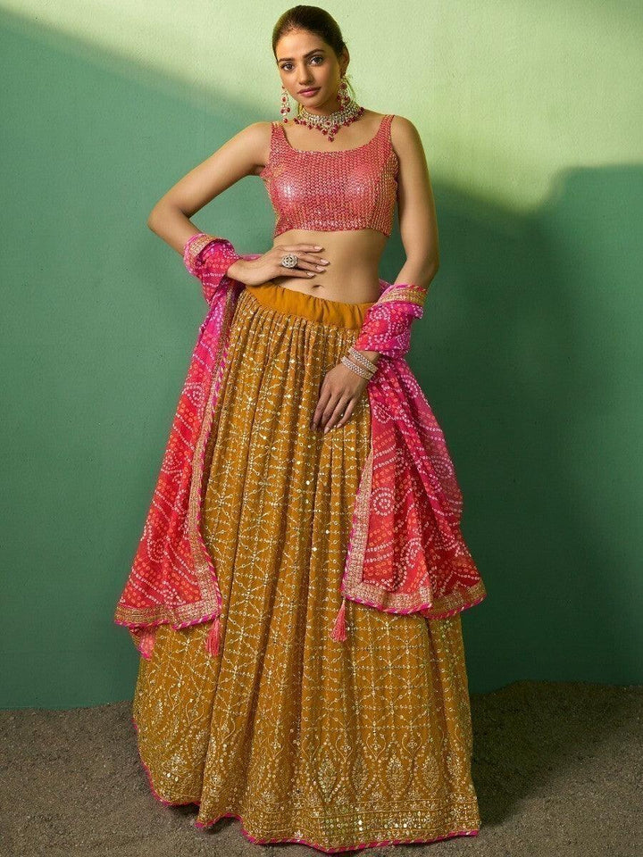 Mustard Yellow Sequins Georgette Lehenga Choli With Dupatta