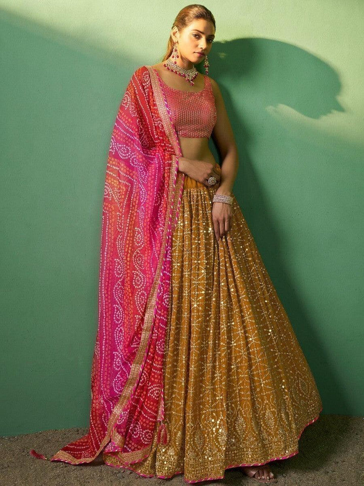 Mustard Yellow Sequins Georgette Lehenga Choli With Dupatta