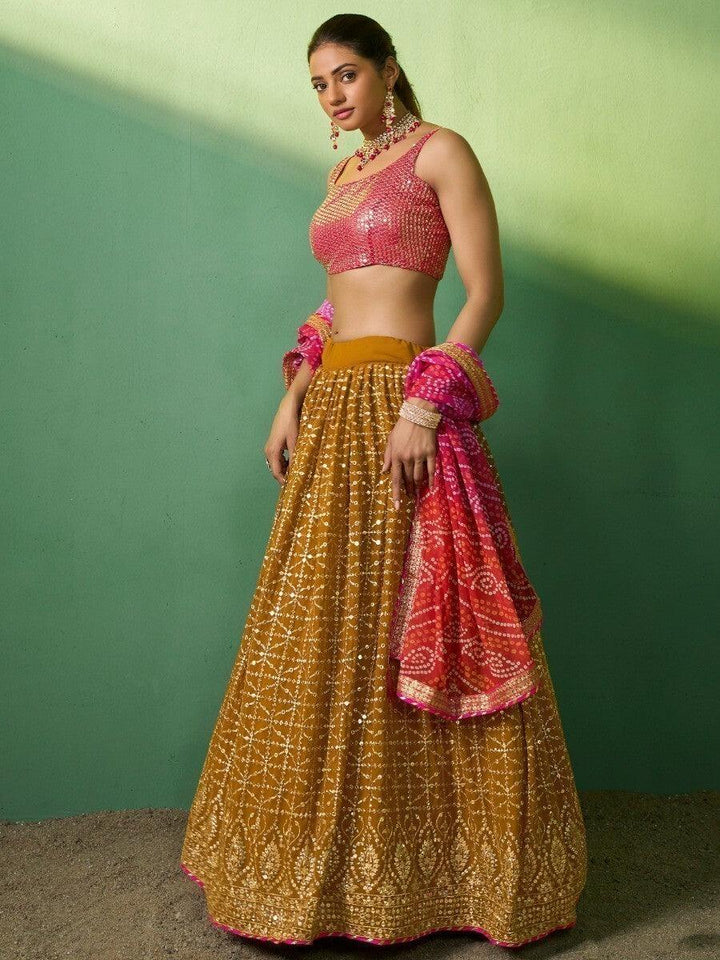 Mustard Yellow Sequins Georgette Lehenga Choli With Dupatta