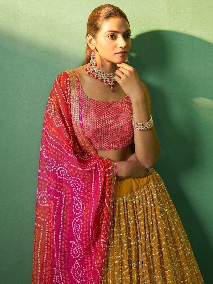 Mustard Yellow Sequins Georgette Lehenga Choli With Dupatta