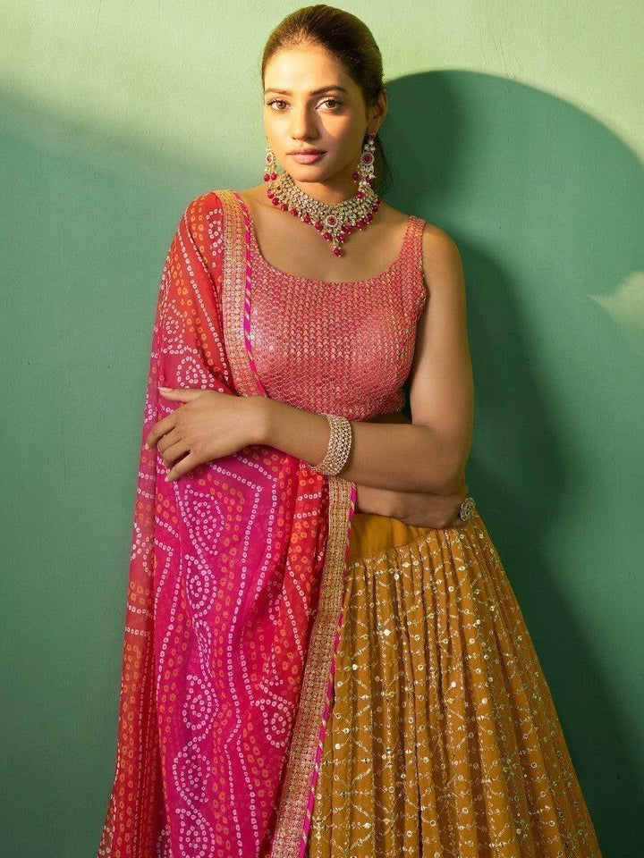 Mustard Yellow Sequins Georgette Lehenga Choli With Dupatta