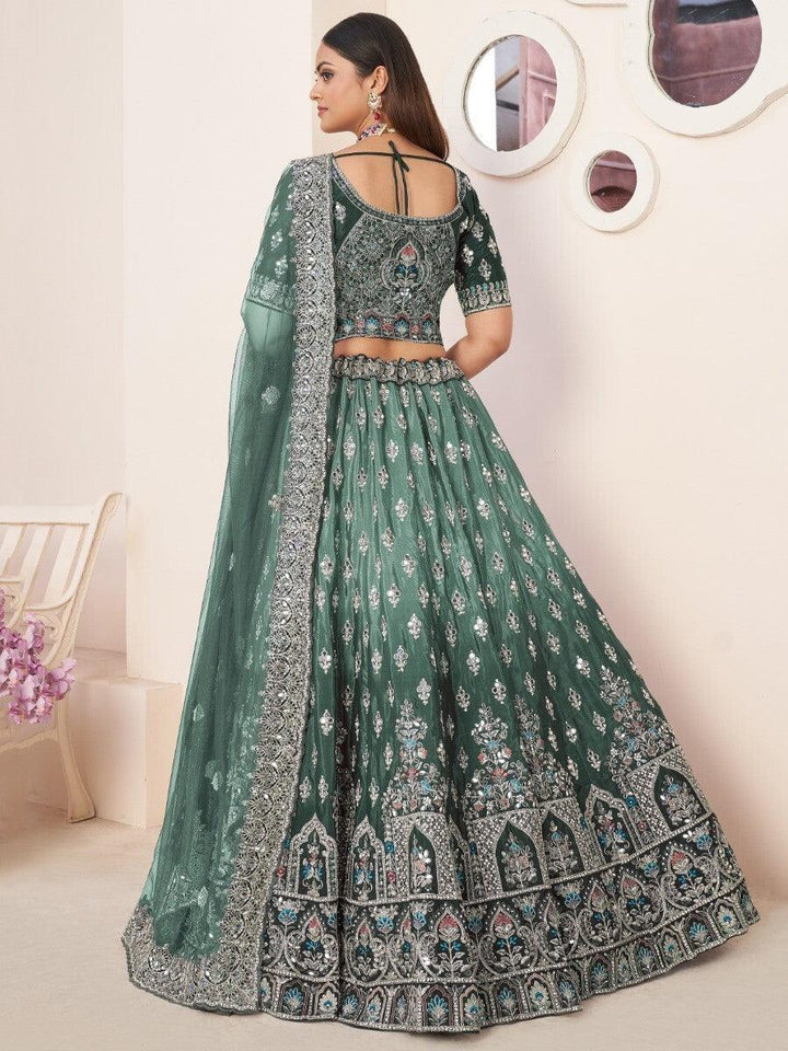 Beautiful Green Thread Work Satin Lehenga Choli With Dupatta