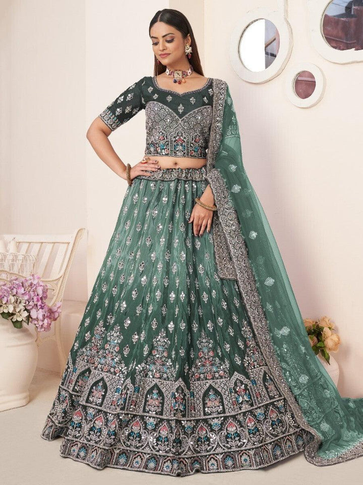Green Thread Work Satin Lehenga Choli With Dupatta
