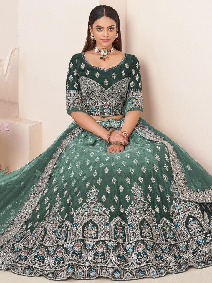 Beautiful Green Thread Work Satin Lehenga Choli With Dupatta