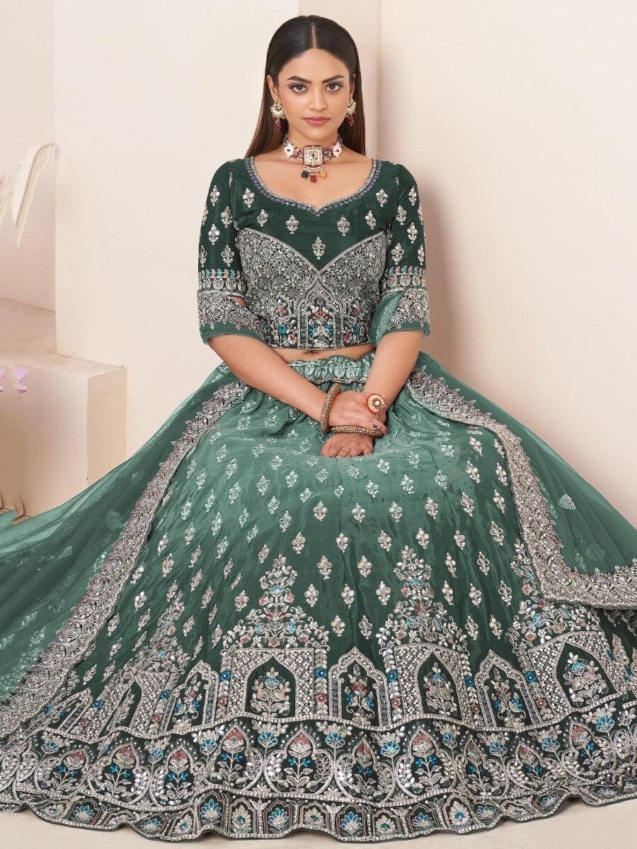 Green Thread Work Satin Lehenga Choli With Dupatta
