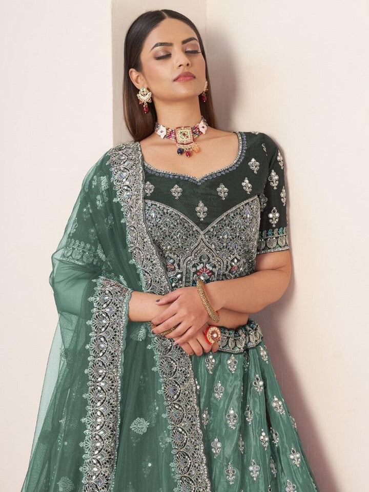 Beautiful Green Thread Work Satin Lehenga Choli With Dupatta