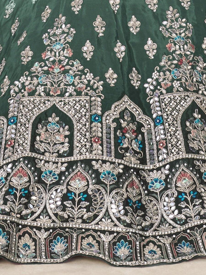 Beautiful Green Thread Work Satin Lehenga Choli With Dupatta