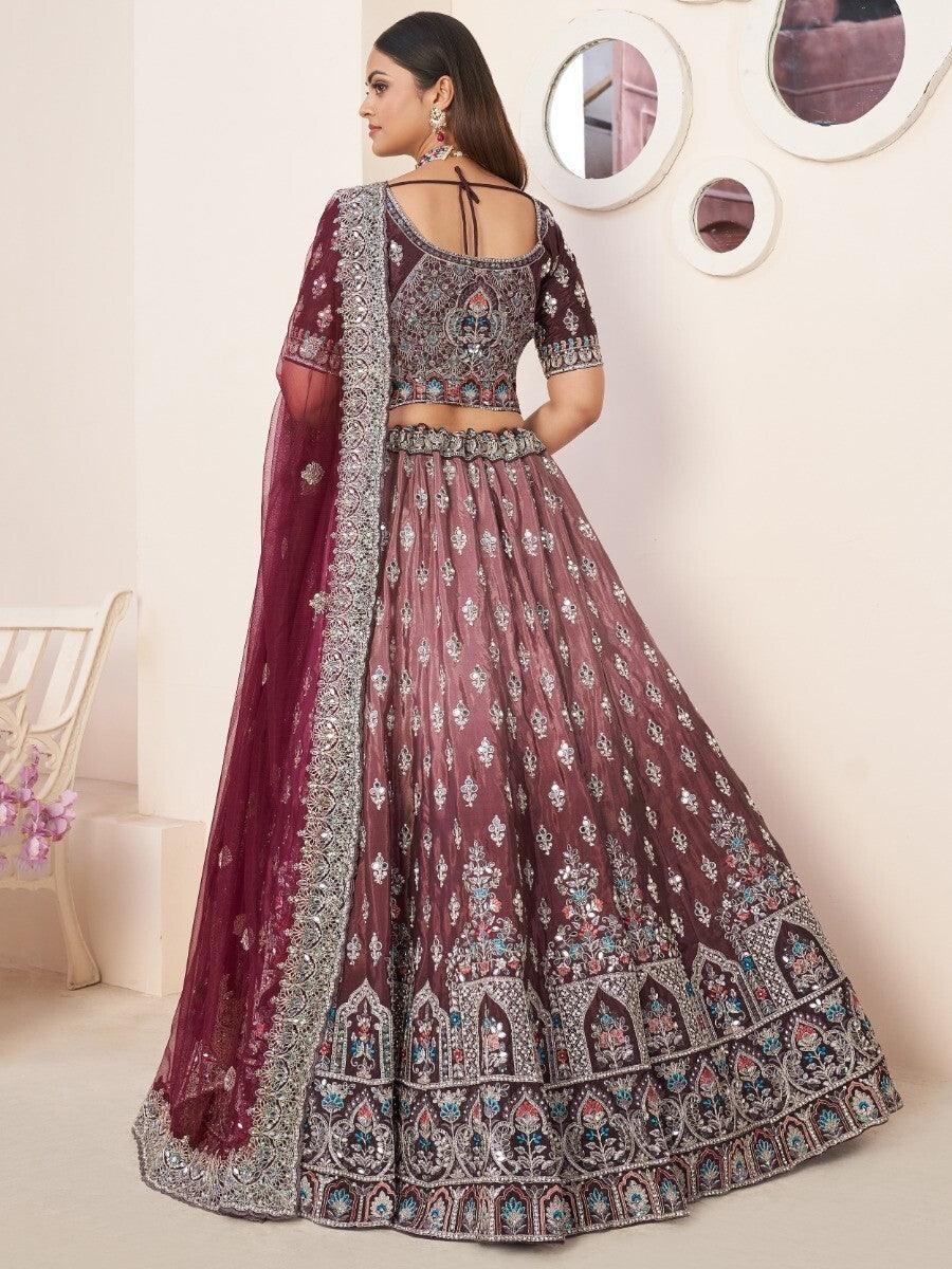 Maroon Thread Work Satin Engagement Wear Lehenga Choli