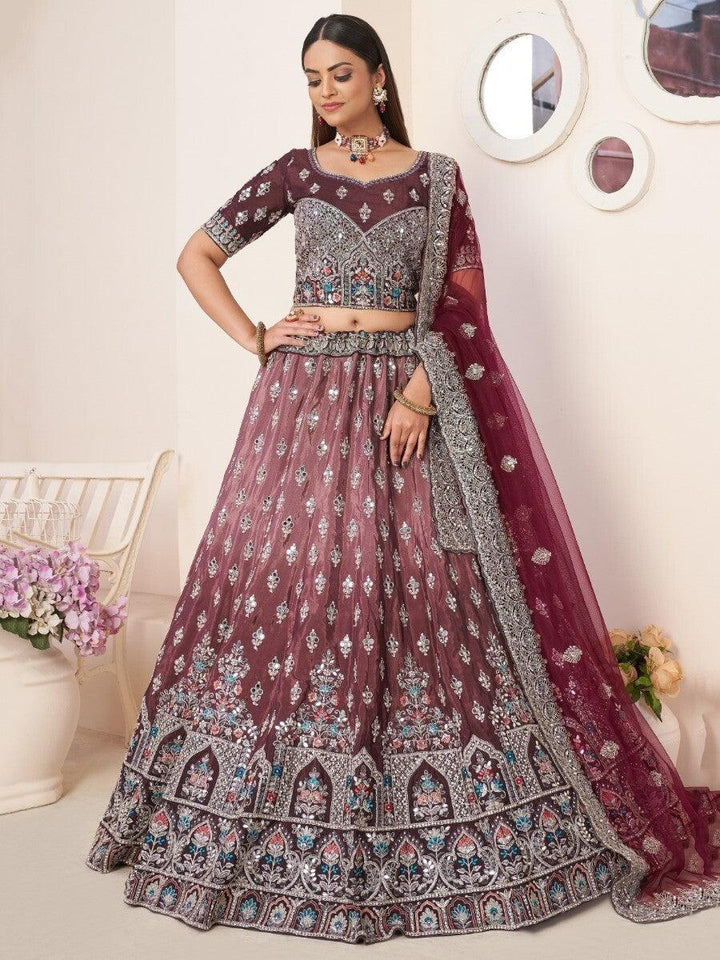 Maroon Thread Work Satin Engagement Wear Lehenga Choli