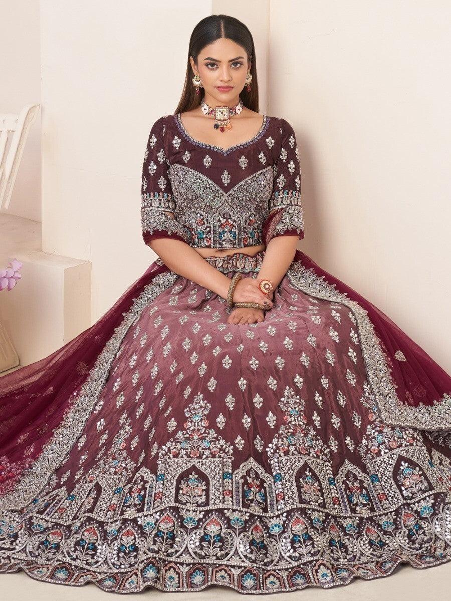 Maroon Thread Work Satin Engagement Wear Lehenga Choli