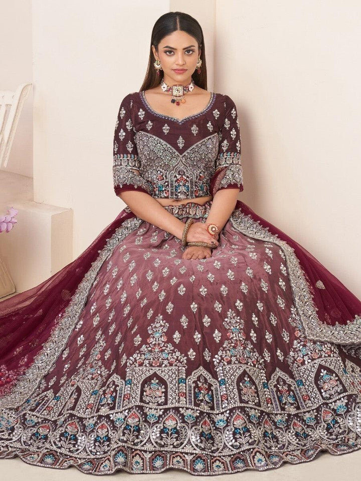 Maroon Thread Work Satin Engagement Wear Lehenga Choli