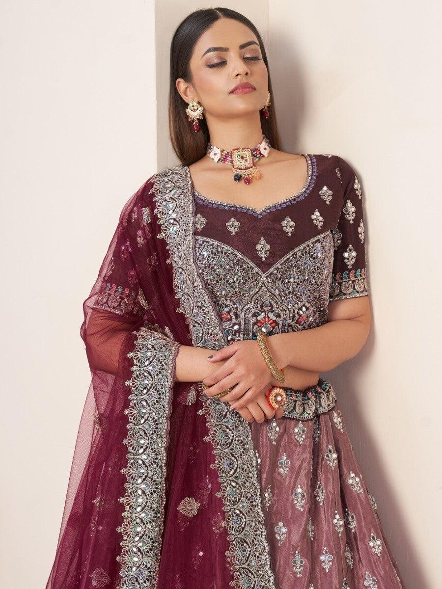 Maroon Thread Work Satin Engagement Wear Lehenga Choli